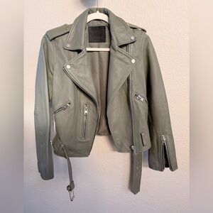 All Saints Women's Balfern Leather Jacket in Sage Green with Silver Details